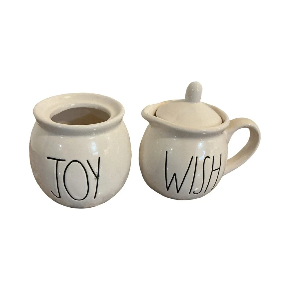 Rae‎ Dunn JOY Sugar Bowl and WISH Creamer Set Ivory Ceramic Farmhouse Decor